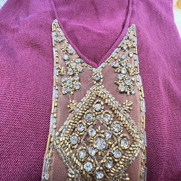 Tracy Reese 100% Wool V Neck Burgundy Knit Beaded Rhinestone Sweater Large - Picture 6 of 8
